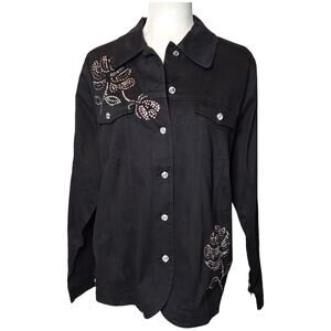 New Quacker Factory Denim Jacket Women's‎ Med Brushed Cotton Bling Floral Black
